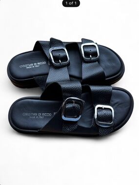 Christian DI Riccio Italy Black Pebbled Leather Double Buckle Sandals Sz 41 US10